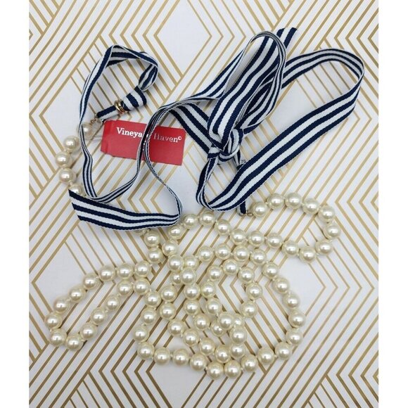 Vineyard Haven NWT Long Strand Knotted Faux Pearl Necklace Nautical Ribbon Tie - Picture 11 of 11